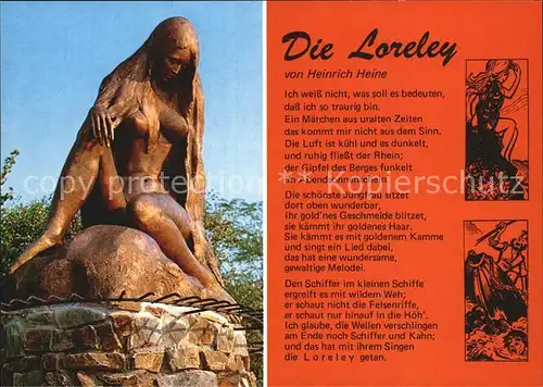 Loreley Lorelei die Plastik bei St. Goarshausen mit Gedicht von Heinrich Heine Kat. Sankt Goarshausen