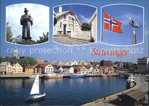 Stavanger Denkmal Statue Flagge Uferstrasse Hafen Segelboot Kat. Stavanger