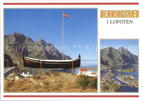 Henningsvaer Boot Flagge Bruecke Berge Fliegeraufnahme