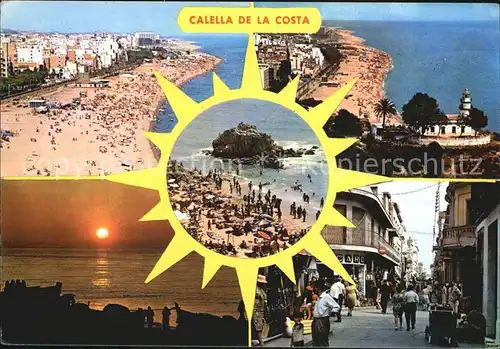 Calella de Mar Strand Kueste Kapelle Strassenpartie Sonnenuntergang am Meer