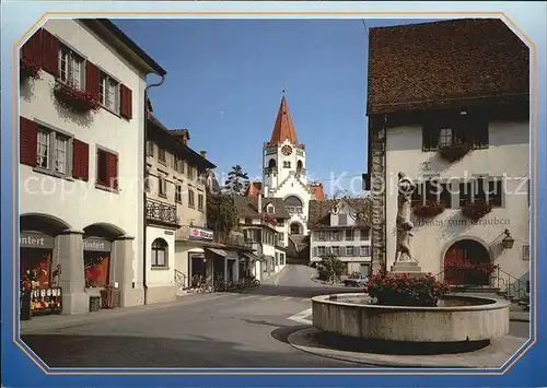 Weinfelden mit Kirche und Thomas Bornhauser Brunnen Kat. Weinfelden