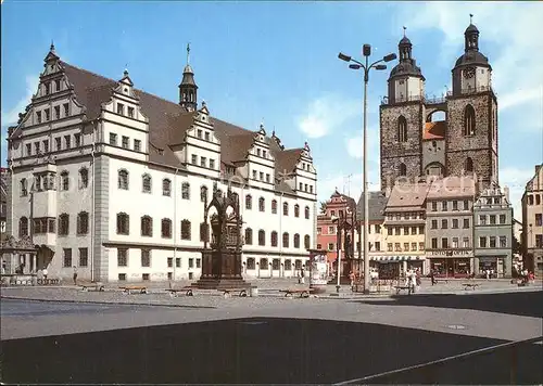 Wittenberg Lutherstadt Markt mit Rathaus und Stadtkirche Melanchthondenkmal Lutherdenkmal Kat. Wittenberg