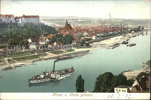 Pirna Blick von Posta mit Elbe Raddampfer Kat. Pirna