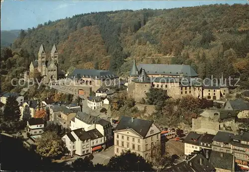 Clervaux Fliegeraufnahme mit Kirche und Schloss Kat. Clervaux