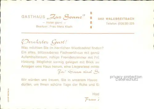 Waldbreitbach Wied Gasthaus Zur Sonne Kat. Waldbreitbach