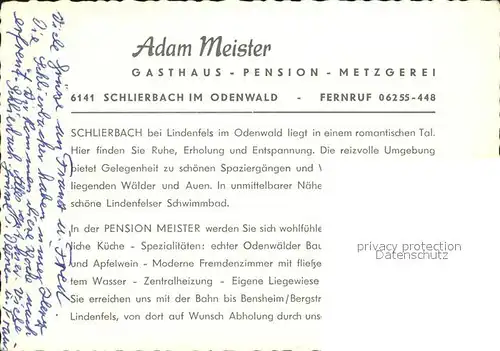Schlierbach Lindenfels Odenwald Adam Meister Pension  Kat. Lindenfels