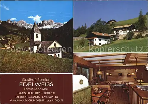 Tiers Dolomiten Kirche Gasthof Pension Edelweiss Gaststube Kat. Italien