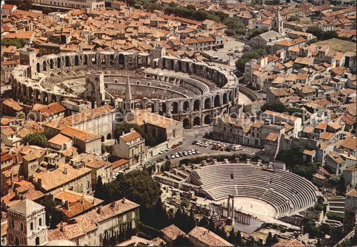 Arles Bouches du Rhone Theatre Antique Arenes Romaines vue aerienne