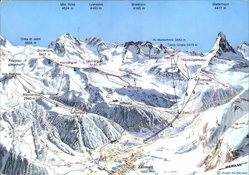 Zermatt VS Skigebiet Umgebungskarte mit Matterhorn Walliser Alpen Kat. Zermatt