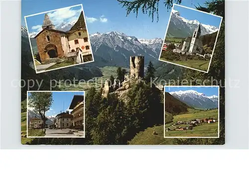 Taufers Panorama Muenstertal Kirche Burgruine Vinschgau Alpen Kat. Italien