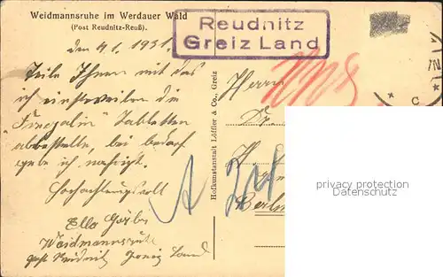 Reudnitz Werdau Gaststaette Weidmannsruhe Werdauer Wald Kat. Werdau