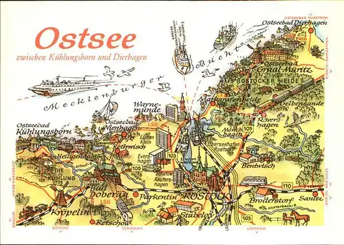 Warnemuende Ostseebad Ostsee zwischen Kuehlungsborn und Dierhagen Landkarte Kat. Rostock