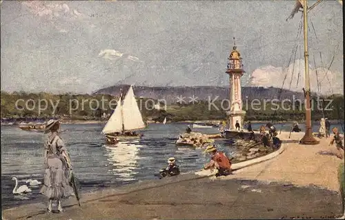 Geneve GE Kuenstlerkarte Partie am See mit Leuchtturm Kat. Geneve