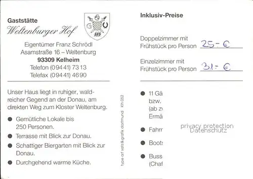 Kelheim Weltenburger Hof Gaststaette Kloster Befreiungshalle  Kat. Kelheim Donau