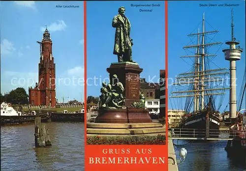 Bremerhaven Leuchtturm Smidt Denkmal Radarturm und Seute Deern Segelschiff Kat. Bremerhaven