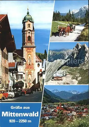 Mittenwald Bayern Pfarrkirche St Peter und Paul Pferdekutsche Karwendelbahn Bergstation Panorama mit Karwendelgebirge Kat. Mittenwald