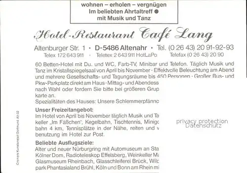 Altenahr Hotel Cafe Lang Restaurant Weinkeller Tanz Kat. Altenahr
