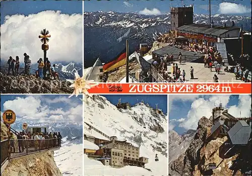 Zugspitze Ostgipfelkreuz Muenchner Haus Grenzuebergang Schneefernerhaus Bayr Zugspitzseilbahn mit Gipfelstation Kat. Garmisch Partenkirchen