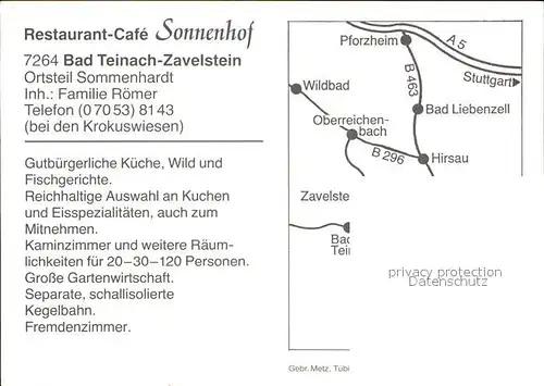 Bad Teinach Zavelstein Restaurant Sonnenhof  Kat. Bad Teinach Zavelstein