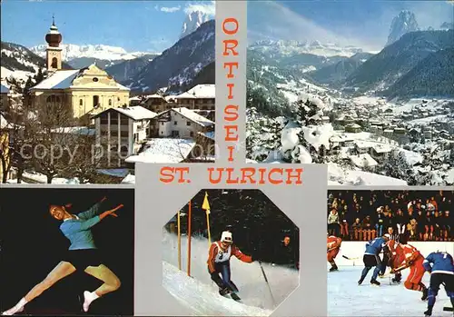 St Ulrich Groeden Tirol Kirche Panorama Taenzer Slalom Eishockey Kat. Salten Schlern
