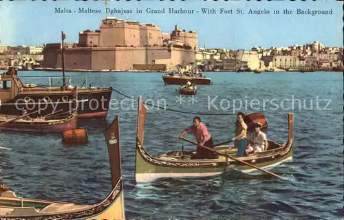 Malta Maltese Dghajsas in Grand Harbourg with Fort St Angelo Kat. Malta