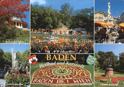 Baden Wien Beethoven Tempel Doblhoffpark Hauptplatz Undine Brunnen Blumenuhr Lanner Strauss Kat. Baden