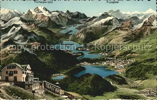 Muottas Muragl mit Silvaplaner und Silser See Piz Rosatsch St Moritz Kat. Muottas Muragl