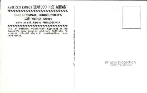 Philadelphia Pennsylvania Seafood Restaurant Old Original Bookbinders Hall of Patriots Kat. Philadelphia