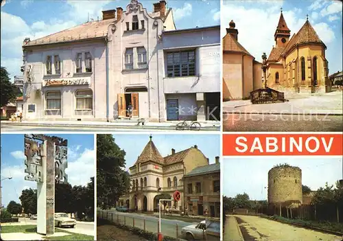 Sabinov Tschechische Republik Cafe Kirche Platz Denkmal Turm Stadtmauer