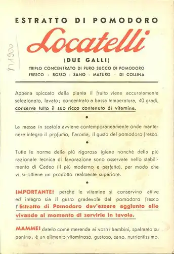 Werbung Reklame Locatelli Estratto di pomodoro Tomatenextrakt / Werbung /