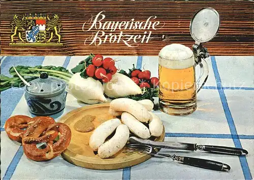 Bier Bayerische Brotzeit Brezel Weisswurst Kat. Lebensmittel