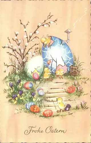 Ostern Easter Paques Kueken Ostereier Weidenkaetzchen  Kat. Greetings