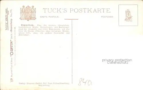 Verlag Tucks Oilette Nr. 711 Regensburg Steinerne Bruecke Charles E. Flower  Kat. Verlage