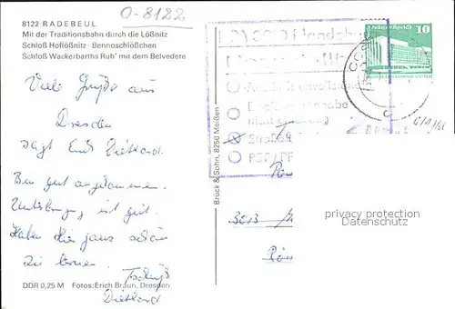 Briefmarke auf Ak Schmalspurbahnen DDR Schloss Hofloessnitz Bennoschloesschen  Kat. Besonderheiten