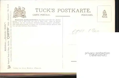 Verlag Tucks Oilette Nr. 171 B Eisenach Lutherstuebchen P. Thomas  Kat. Verlage