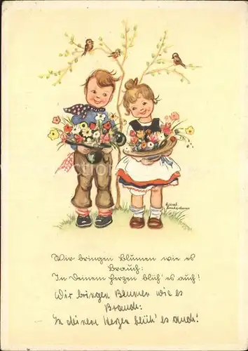 Kuenstlerkarte Liesel Lauterborn Kinder Blumen Voegel  Kat. Kuenstlerkarte