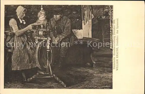 Kuenstlerkarte William Krause Am Spinnrad Saechsische Kunstausstellung Dresden 1906 Kat. Kuenstlerkarte