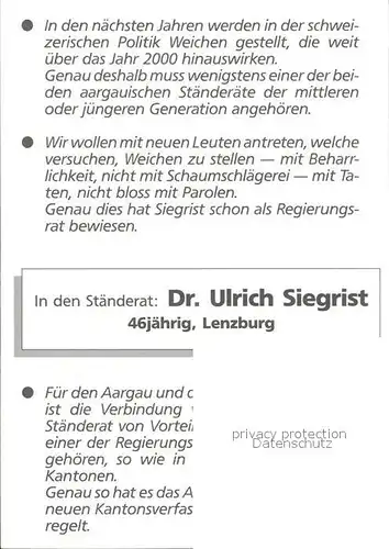 Politiker Dr. Ulrich Siegrist SVP Kat. Politik