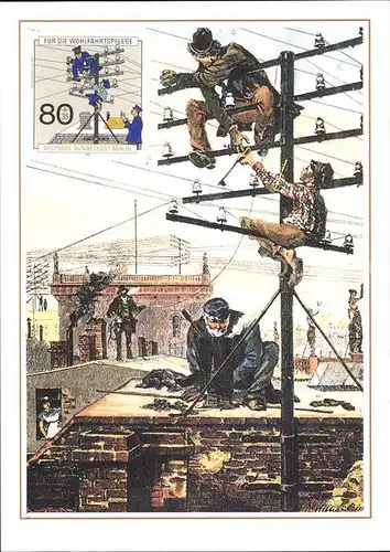 Post Telefonarbeiten auf den Daechern von Berlin 1882 Kat. Berufe