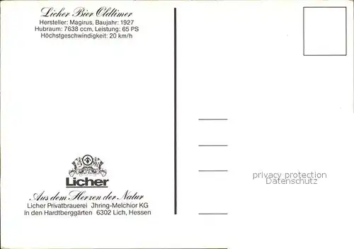 Autos Licher Bier Oldtimer Privatbrauerei Lich  Kat. Autos