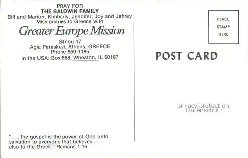 Missionen Baldwin Family Missionaries to Greece Greater Europe Mission  Kat. Missionen