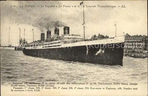 Dampfer Oceanliner Le Havre Paquebot La France  Kat. Schiffe