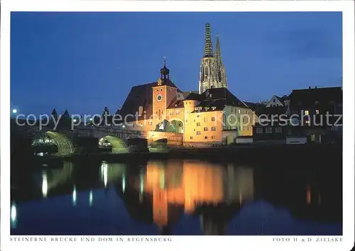 Regensburg Steinerne Bruecke und Dom bei Nacht Kat. Regensburg