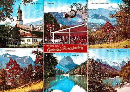 Garmisch Partenkirchen Pfarrkirche Bauernhaus Posthorn Alpspitze Zugspitze Riessersee Waxensteine Glanzkarte Kat. Garmisch Partenkirchen