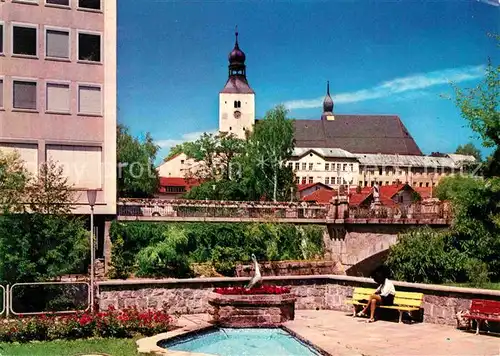 Regen Bruecke Kirche Brunnen Kat. Regen