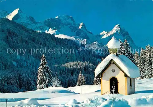 Lenggries Bergkirchlein gegen Zugspitzgruppe Winterpanorama Bayerische Alpen Kat. Lenggries