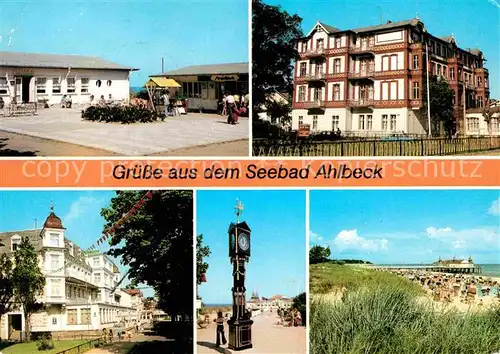 Ahlbeck Ostseebad Promenade FDGB Erholungsheime Kurt Buerger und Bernhard Goering Stranduhr Seebruecke Kat. Heringsdorf Insel Usedom