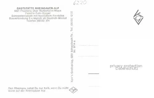 Presberg Rheingau Gaststaette Rheingauer Alp Sonnenterrasse Panorama Kat. Ruedesheim am Rhein