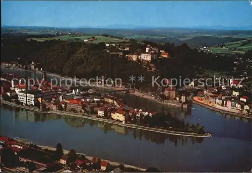 Passau Fliegeraufnahme Dreifluessestadt Zusammenfluss Donau Inn Ilz Kat. Passau