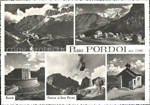 Passo Pordoi Ossario Funivia al Sass Pordoi Gebirgspass Bergbahn Kapelle Alpenpanorama Kat. Italien